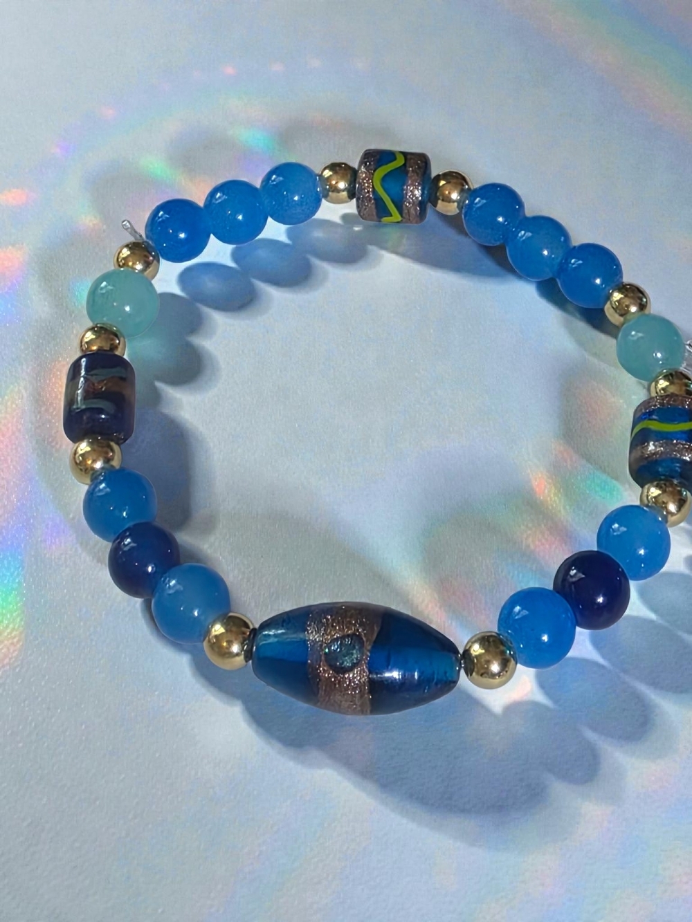 Cobalt Blue Glass and Gold Tone Beaded Stretch Bracelet